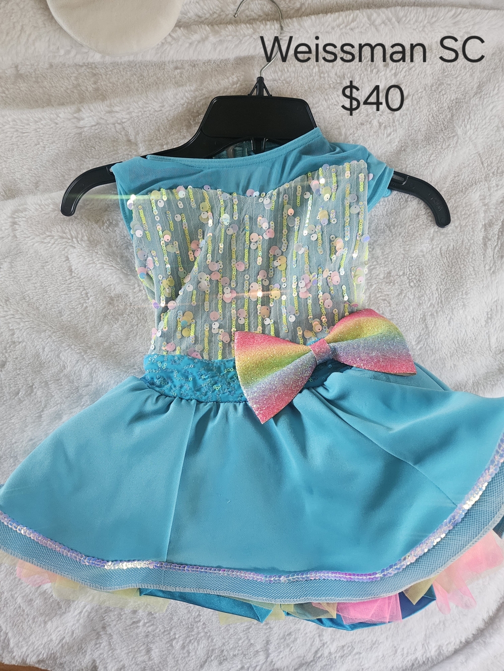 Weissman Turquoise Sequin Tulle Dance Costume with Rainbow Bow